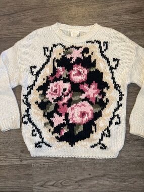 Vintage Needles & Yarn Floral Ramie Blend Sweater Medium Cottagecore Grandma